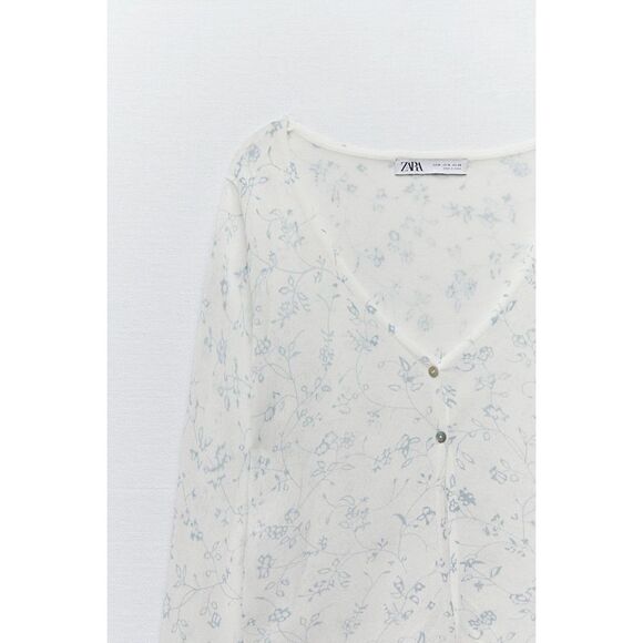 Zara Women's Floral Print Knit V Neck Long Sleeve Crop Top White Blue Size Small - Picture 3 of 11